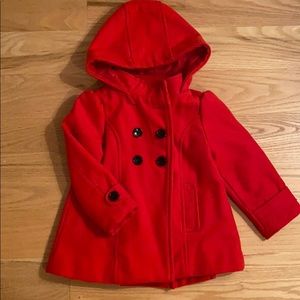 Fantastic bright red pea coat with hood